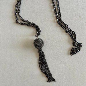 Vintage Gunmetal and Marcasite and Rhinestone Tassel Princess Necklace 18"